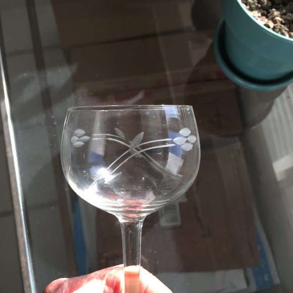 Antique Wine Goblet Stemware Clear Crystal Etched Pattern Round Bowl 1930s 1940s - Picture 3 of 6